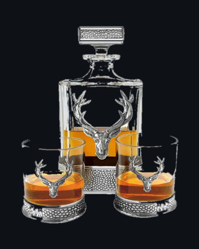 Regal Stag Rectangular Pewter Decanter Set with matching Tumblers