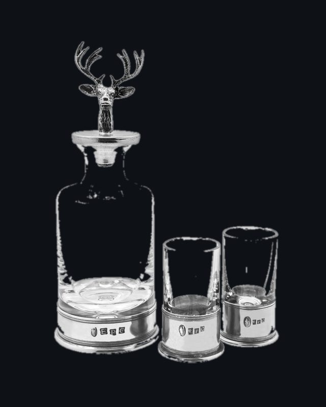 Whisky, Wine & Spirit Stag Head Pewter & Crystal Mini Decanter Set With Shot Glasses
