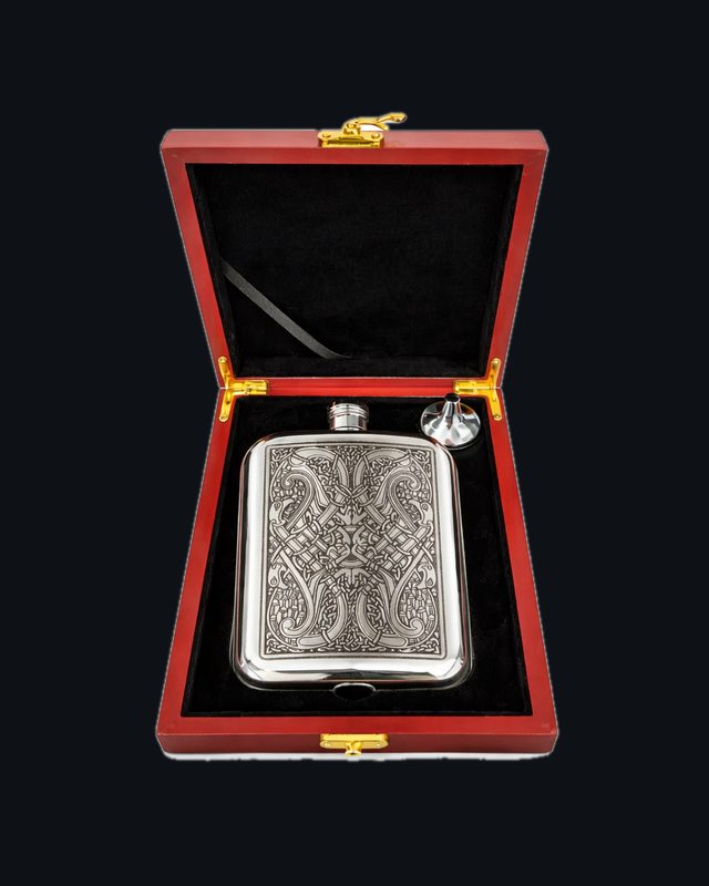6oz Pewter Hip Flask with Intricate Celtic Knot Design in Wooden Gift Box