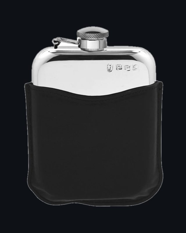 6oz Pewter Hip Flask with Hinged Captive Top & Genuine Black Leather Pouch