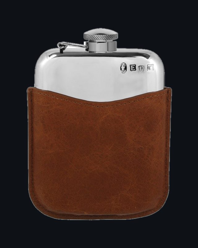 6oz Pewter Hip Flask with Hinged Captive Top & Genuine Tan Leather Pouch