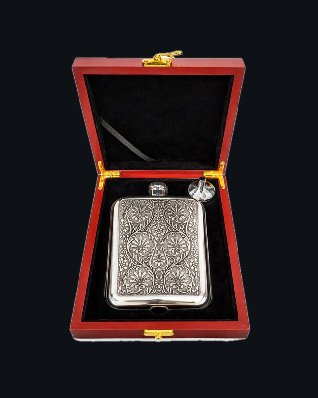 6oz Pewter Hip Flask with Victorian Floral Design in Wooden Gift Box