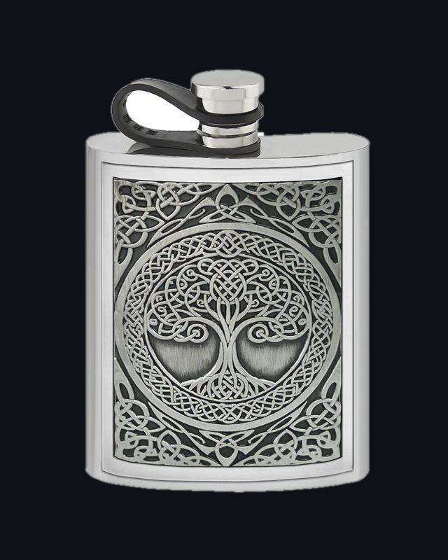 6oz Embossed Flask Tree Of Life Pewter Badge with Flexi Cap