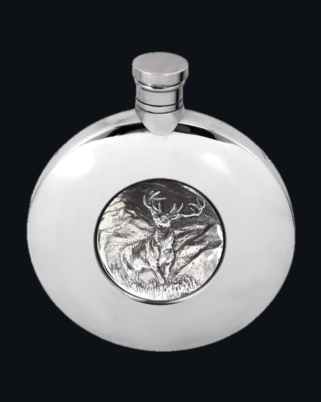 Ellipse Pewter Hip Flask with Majestic Stag Badge