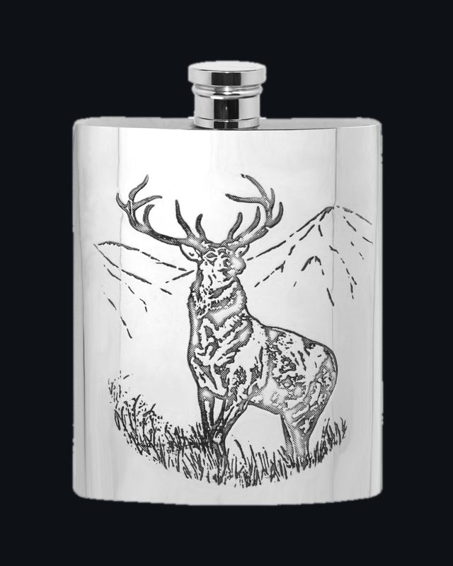 6oz Pewter Hip Flask with Highland Stag Design
