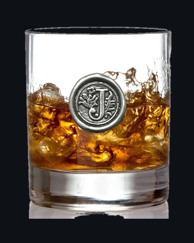 'Initial J' Monogram Whiskey Whisky Glass Tumbler Personalised Gift With Pewter Initial